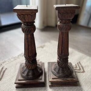 Pair of beautiful vintage wood pillar candle holders